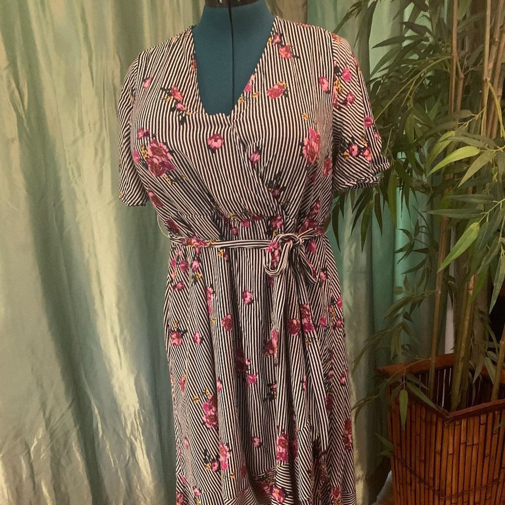 Beautiful Torrid Wrap Dress, with B/W Stripes and Rose Pattern